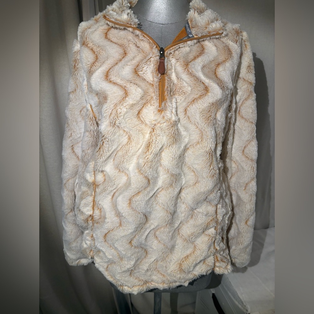 Simply Southern SOFT Ripple Sherpa Pullover Cream & Gold Plush 3/4 Zip Sz Medium